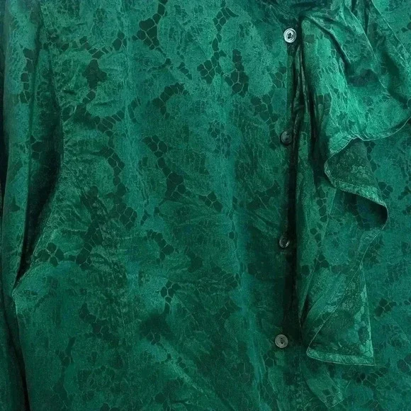 Gucci Emerald Green Silk Jacquard Blouse Size Medium GG Logo Print Ruffle Blouse - Picture 6 of 8